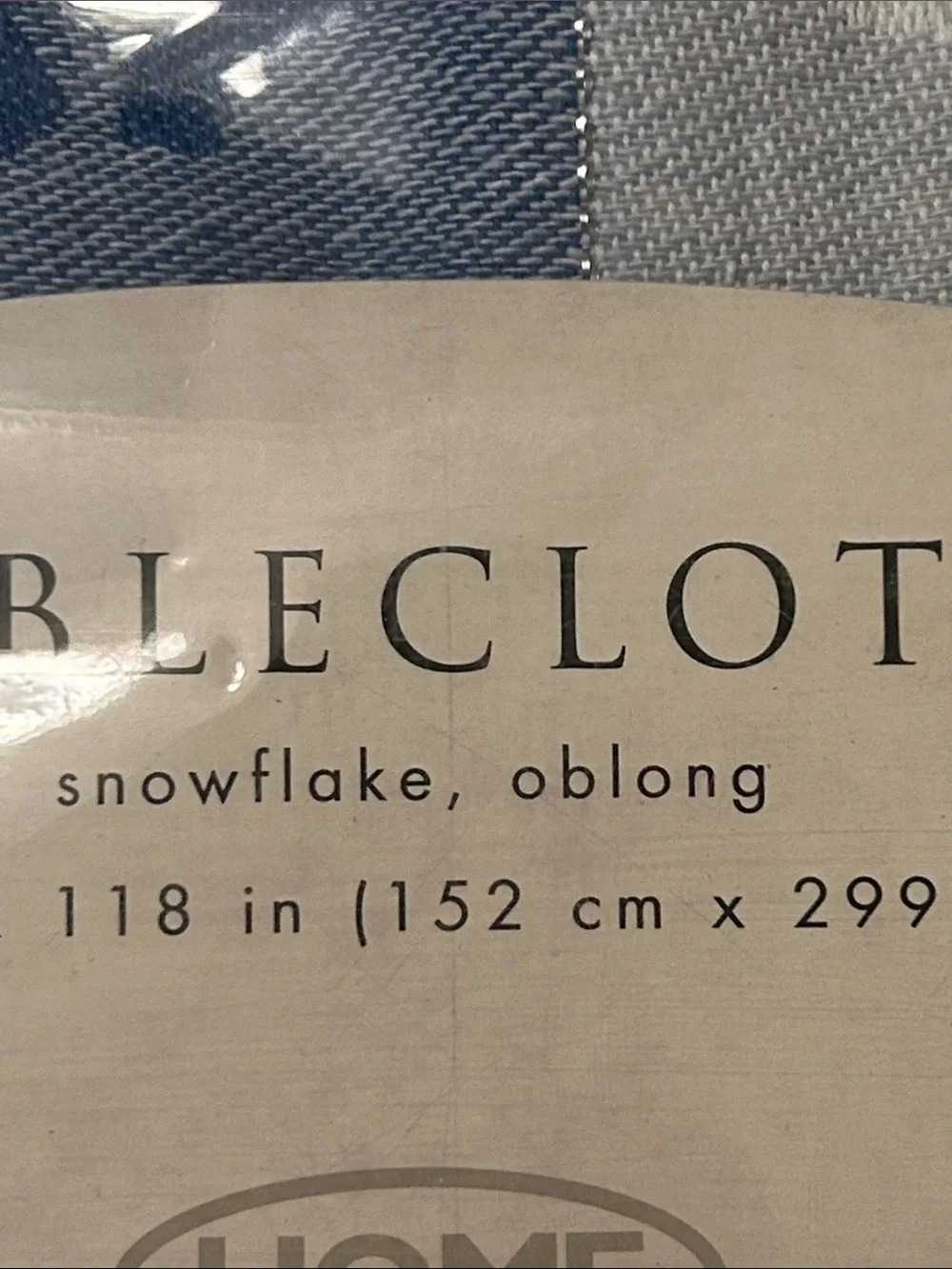Oblong 60” by 128” Blue and White Snowflake Tablecloth